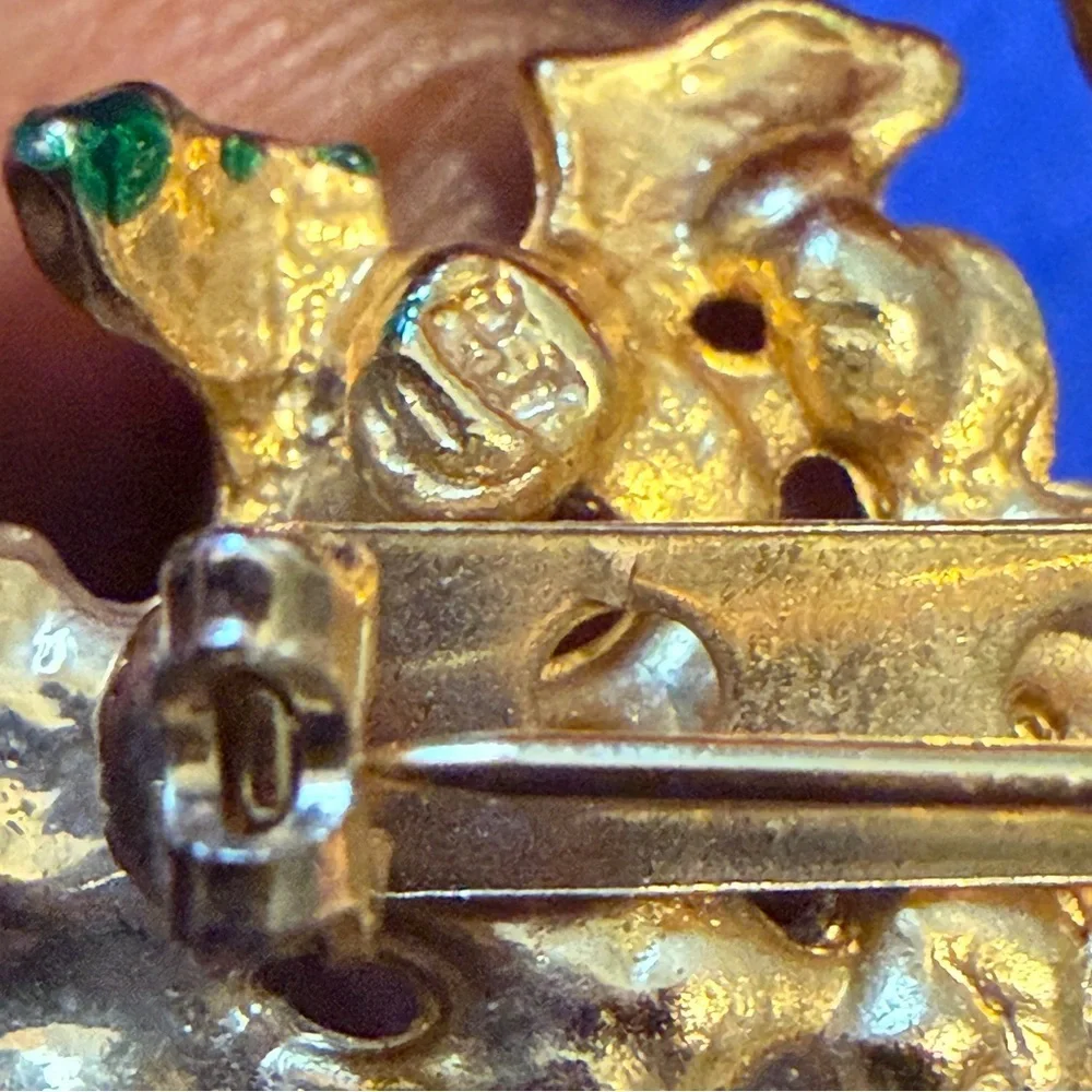 Festive  Gold and Green Bell Brooch with Pearls